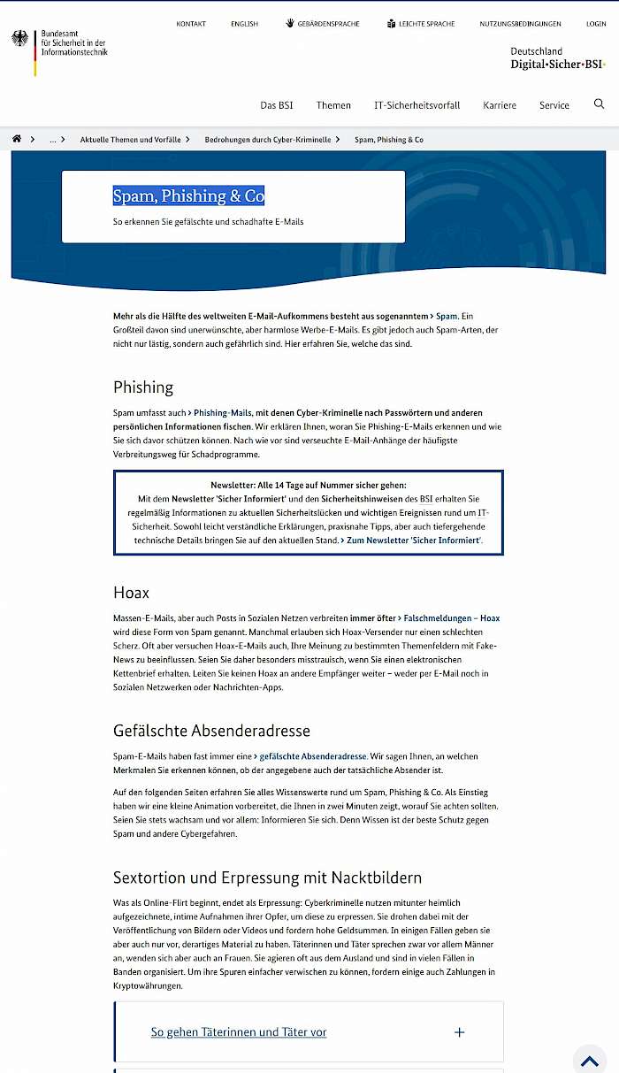 Screenshot der BSI-Seite zu Spam, Phishing & Co