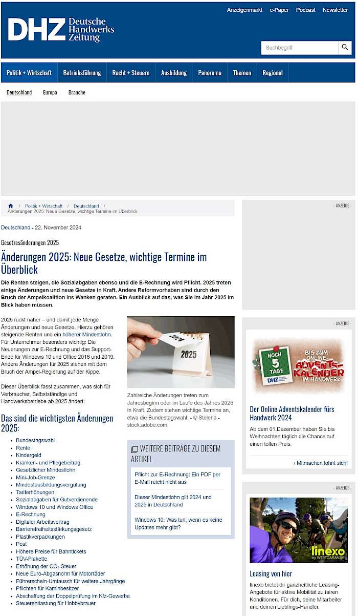 24-11-26 Screenshot deutsche handwerks zeitung - gesetzesänderungen 2025