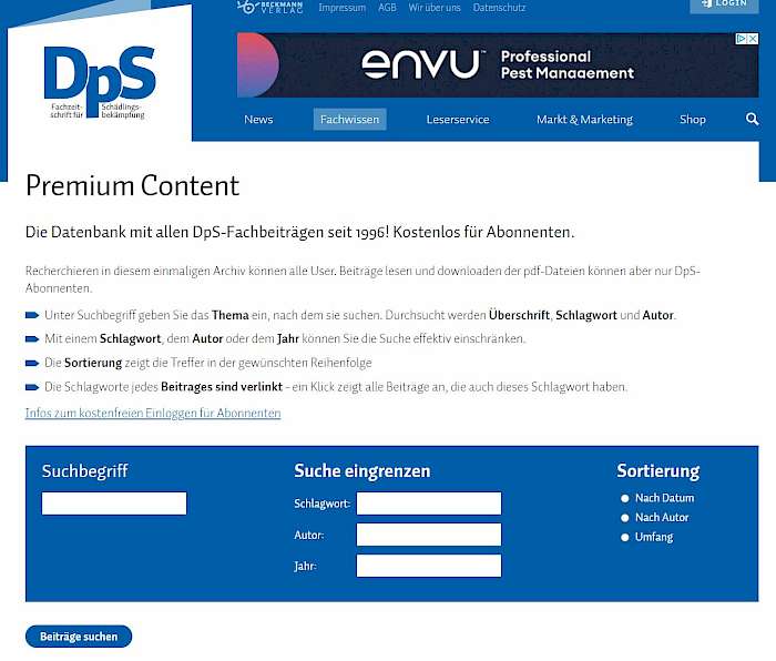 Screenshot vom Premium Content, der Datenbank für Fachbeiträge im schaedlings.net