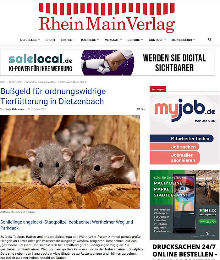 2025-02-26 Screenshot des Beitrages_Bußgeld für ordnungswidrige Tierfütterung in Dietzenbach - Rhein Main Verlag