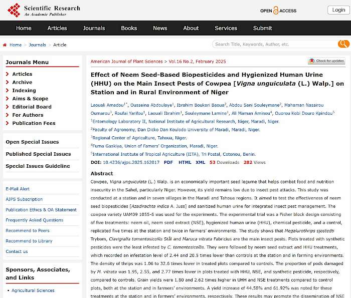 2025-04-03 Screenshot von scirp.org des Beitrages -  Effect of Neem Seed-Based Biopesticides and Hygienized Human Urine (HHU) ...
